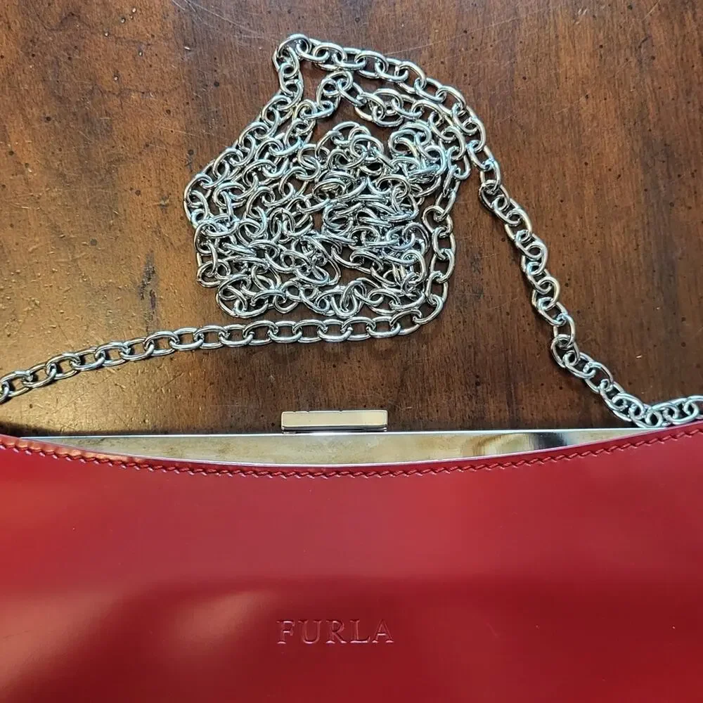 FURLA Red Clutch Luxury Bag with Metal Strap